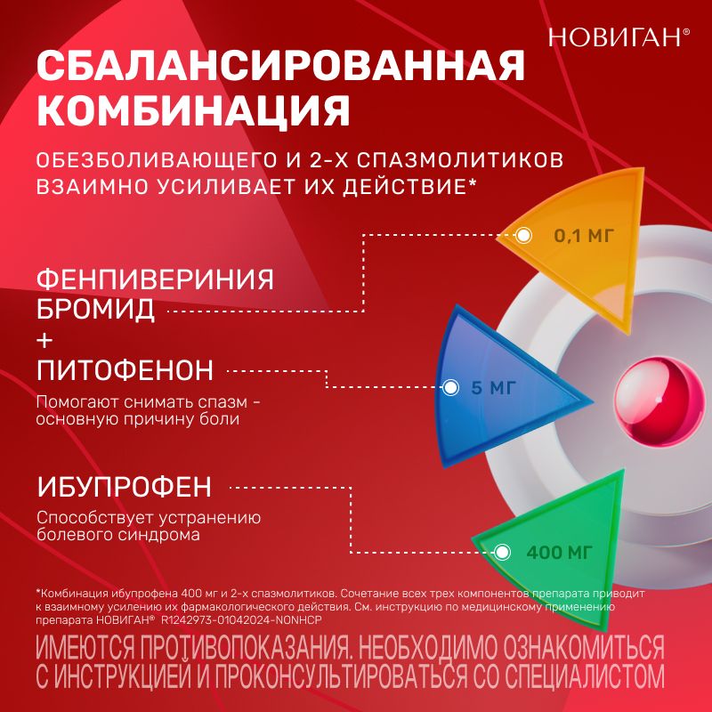 Новиган, 400 мг+5 мг+0.1 мг, таблетки, покрытые пленочной оболочкой, 20 шт.