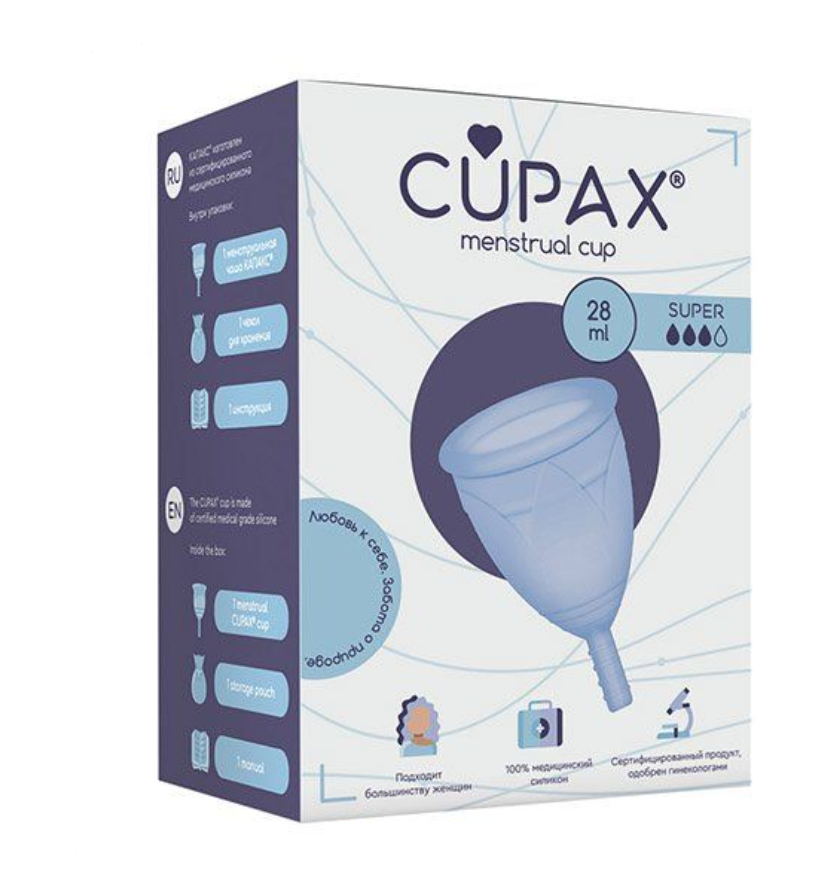 фото упаковки Менструальная чаша Cupax Super, чаша менструальная, голубого цвета, 28 мл, 1 шт. фото упаковки Менструальная чаша Cupax Super