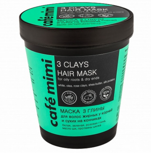 Cafe mimi Маска для волос 3 Глины, маска для волос, для волос жирных у корней и сухих на кончиках, 220 мл, 1 шт.