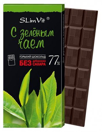 Slim Vit Шоколад горький с зеленым чаем, 77% какао, шоколад, без сахара, 60 г, 1 шт.